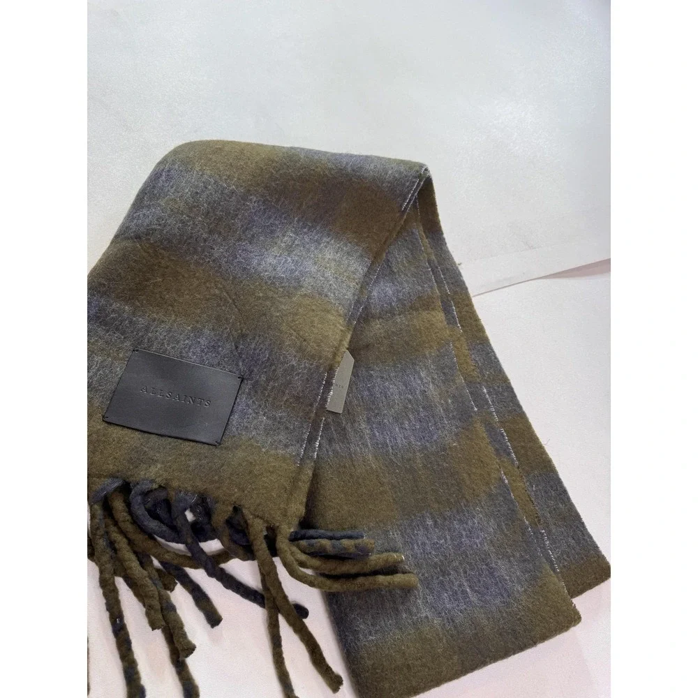 AllSaints Rilas Strk Brushed Check Scarf Mens One Size Green Plaid Fringe